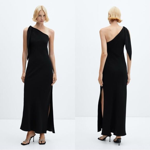 MANGO Asymmetric bow maxi dress in black - Picture 1 of 14